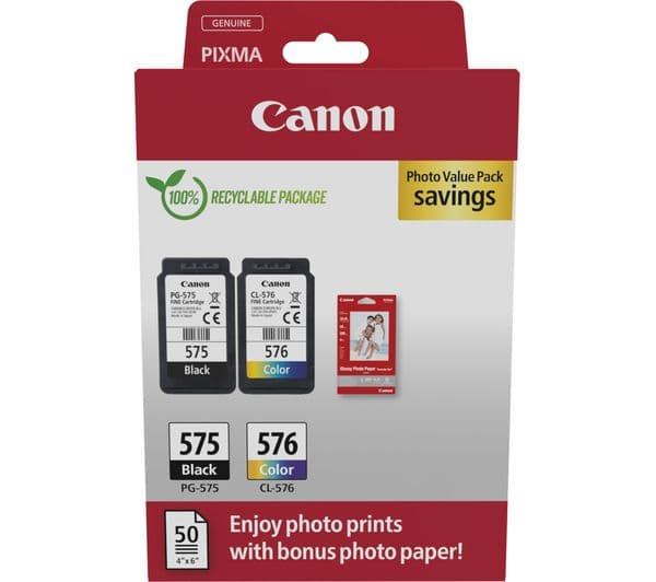 CANON Canon PG-575/CL-576 PVP Black & Tri-colour Ink Cartridges & Photo Paper - 50 Sheets - Image 1