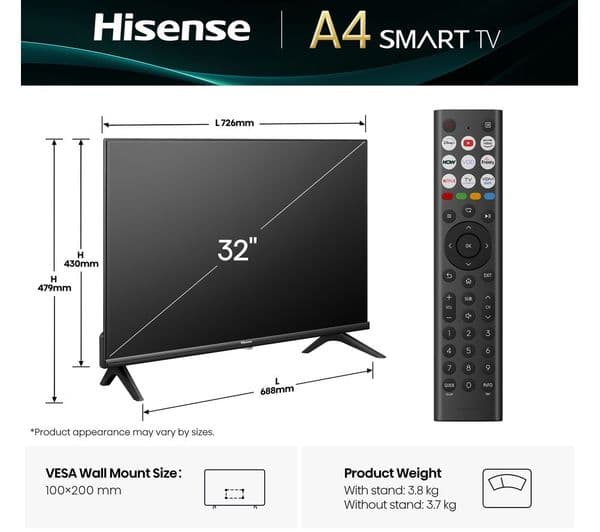 Hisense A4Q 32 Inch 32A4QTUK HD Ready HDR Smart TV with Freely - Black - Image 2
