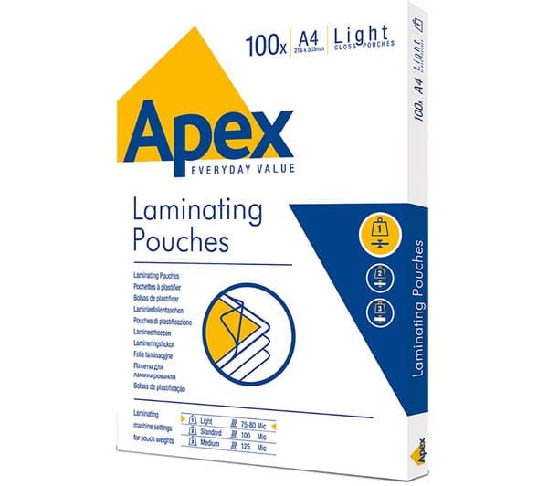 FELLOWES Apex Light Duty A4 Laminating Pouches - Pack of 100