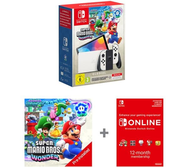 Nintendo Switch OLED White & Super Mario Bros. Wonder Bundle with Nintendo Switch Online 12 Month Membership - Image 1