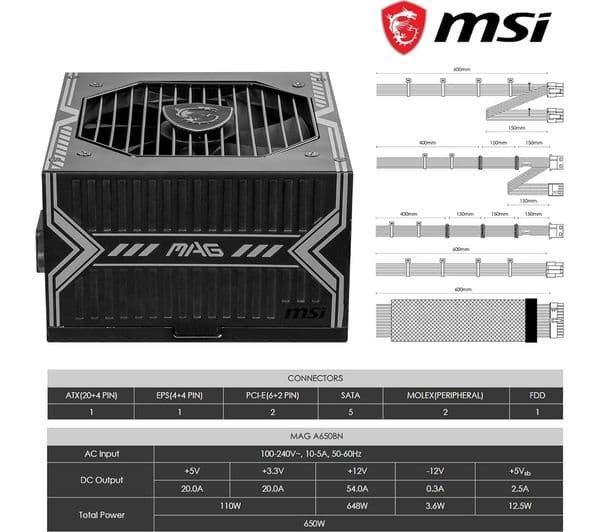 MSI MAG A650BN 650W Power Supply Black - Image 3