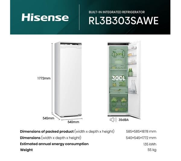 HISENSE RL3B303SAWE Integrated Tall Fridge - Fixed Hinge - Image 3