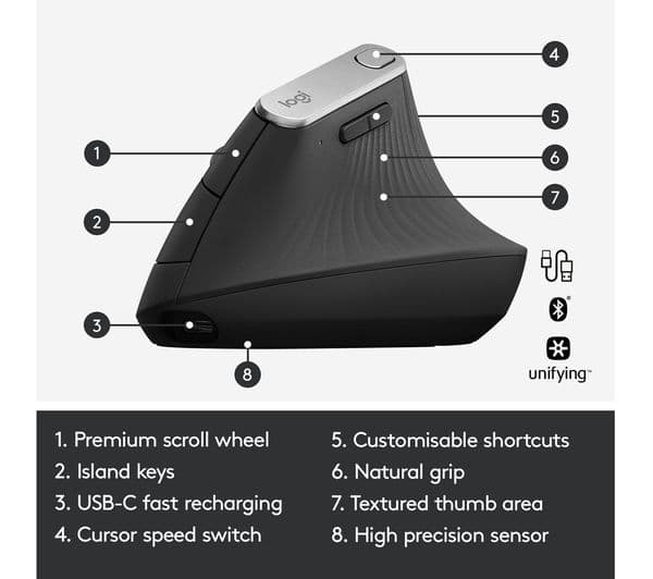 Logitech MX Vertical Ergonomic Wireless Mouse Bluetooth USB Receiver - Grey  - Image 6