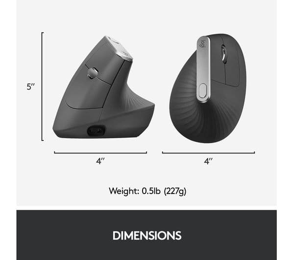 Logitech MX Vertical Ergonomic Wireless Mouse Bluetooth USB Receiver - Grey  - Image 7