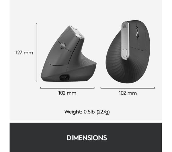 Logitech MX Vertical Ergonomic Wireless Mouse Bluetooth USB Receiver - Grey  - Image 8