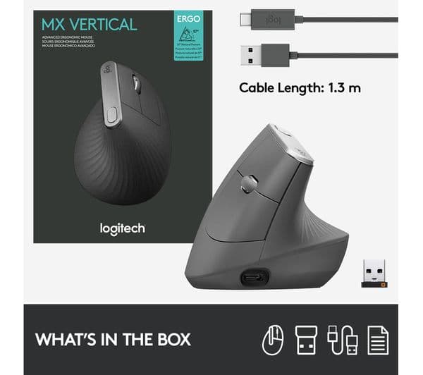 Logitech MX Vertical Ergonomic Wireless Mouse Bluetooth USB Receiver - Grey  - Image 10
