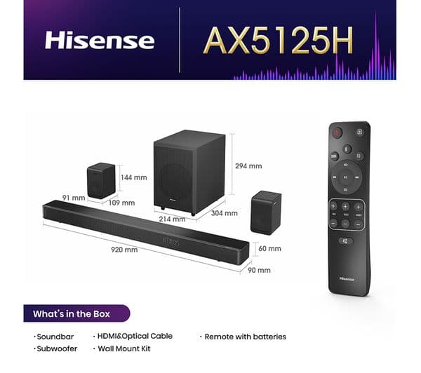 Hisense AX5125H 5.1.2 Wireless Sound Bar with Dolby Atmos DTS Virtual X - Black - Image 2