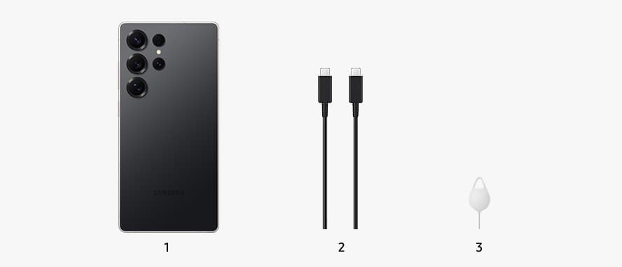 Samsung's picture of the box contents: Galaxy S25 Ultra, a USB-C data cable and an ejection pin