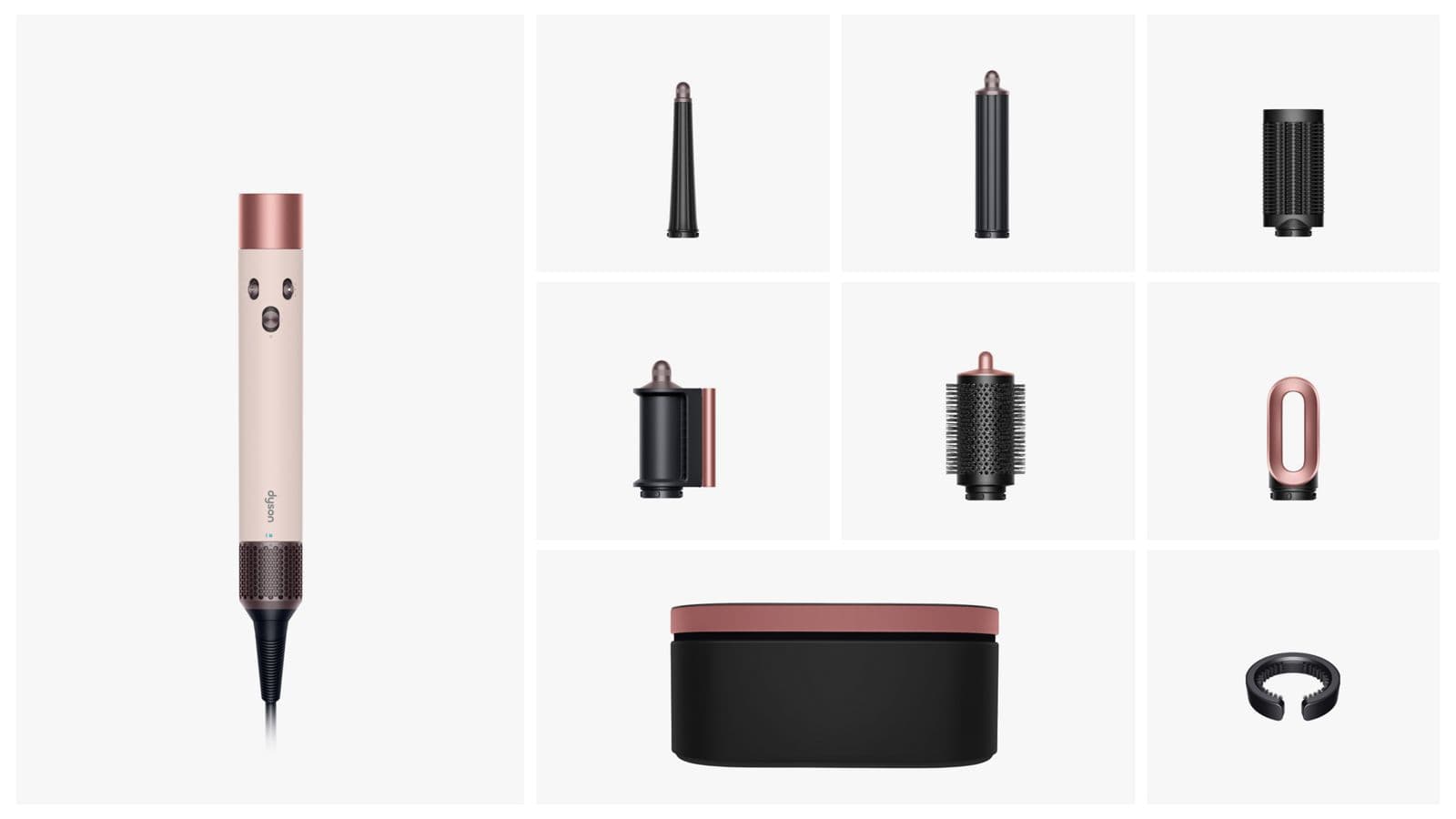 Everything in the Airwrap i.d. Straight+Wavy box: the machine, Conical Airwrap barrel, 40 mm long barrel, anti-snag loop brush, Dryer + Flyaway smoother, large round volumising brush, fast dryer, presentation case and filter cleaning brush
