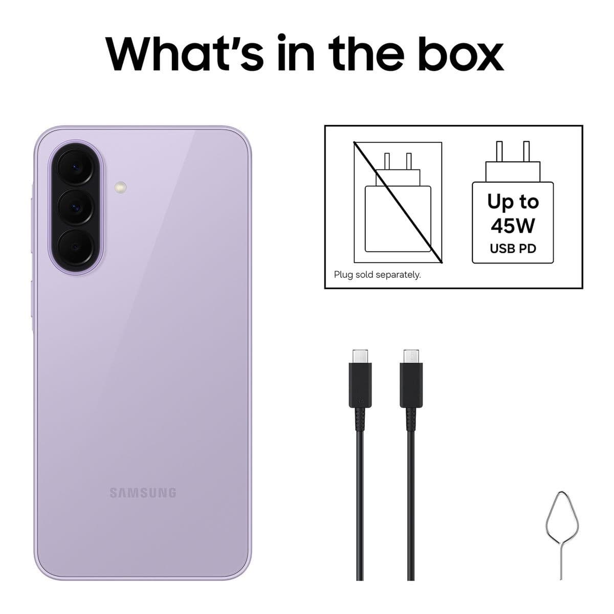 Samsung's What's in the box graphic: Galaxy A37 5G (shown in Awesome Lavender), a USB-C to USB-C cable and a SIM ejection pin, with the plug shown crossed out as sold separately