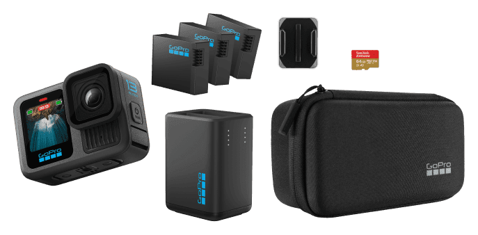 GoPro HERO13 Black Extended Power Bundle contents: HERO13 Black camera, three Enduro batteries, curved adhesive mount, 64GB SanDisk microSD card, Dual Battery Charger and camera case