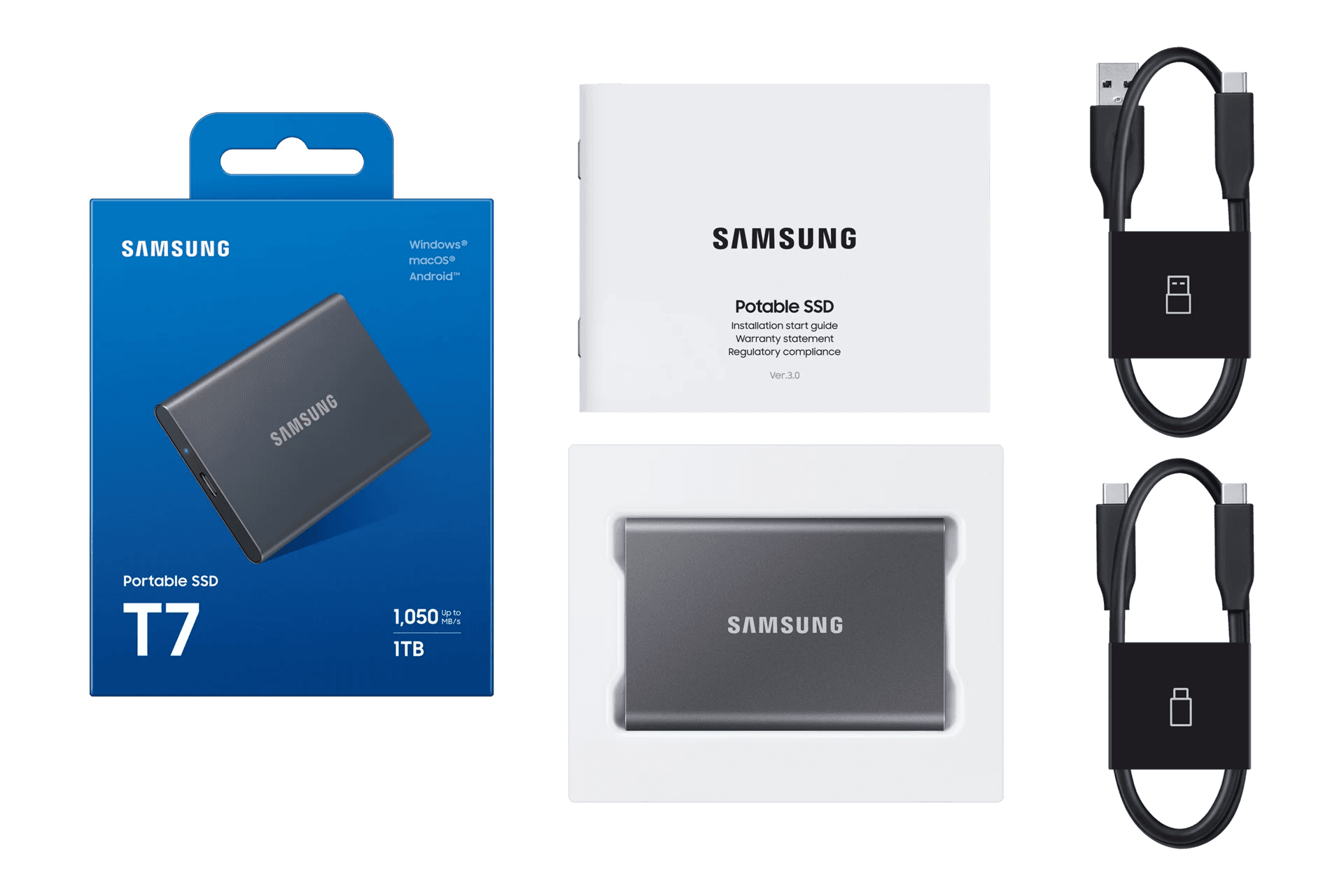 Samsung Portable SSD T7 retail box, quick start guide, the T7 drive in its tray and two USB cables