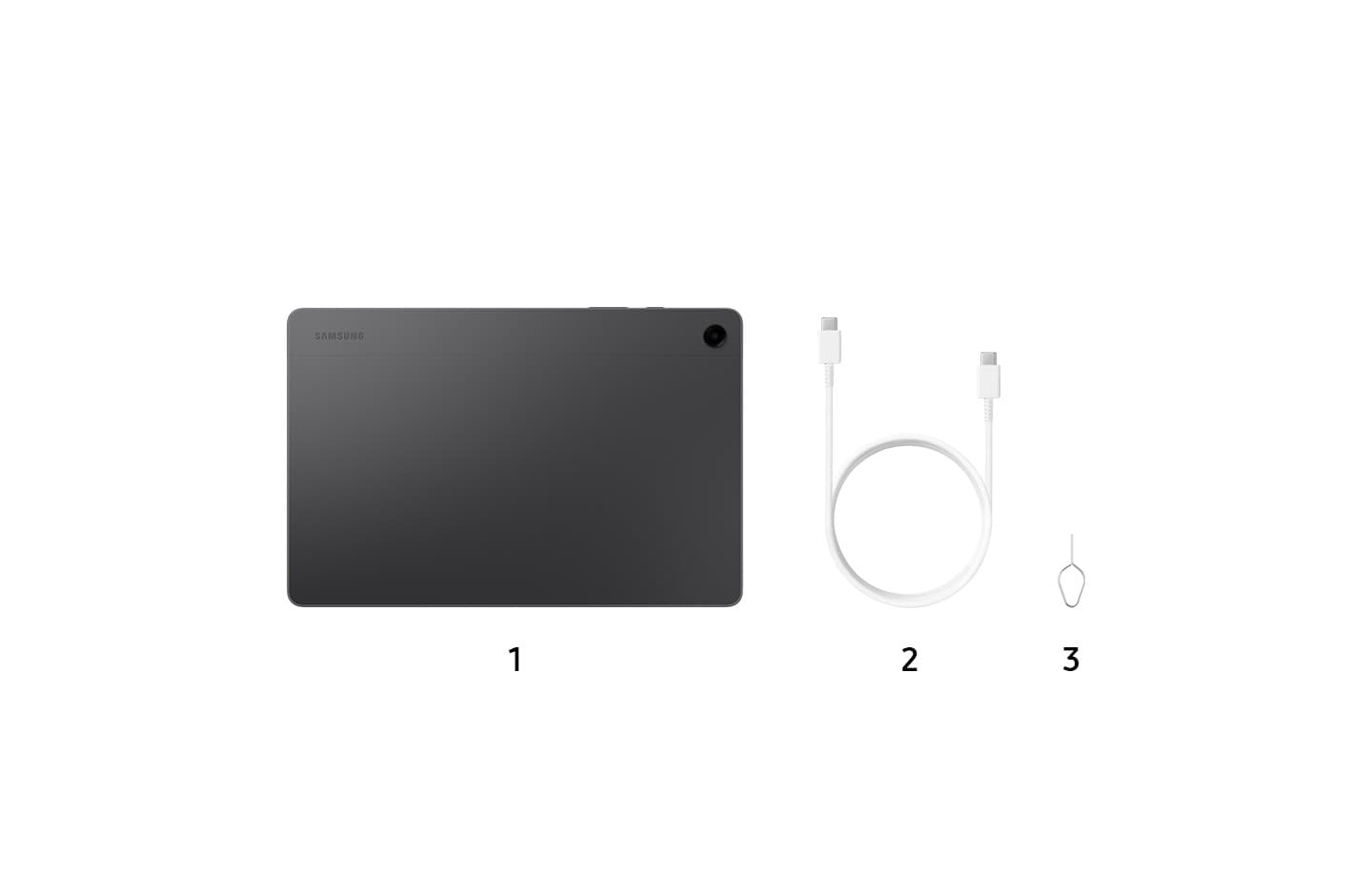 Samsung's box-contents graphic for the Galaxy Tab A9+: 1, the tablet; 2, a data cable; 3, an ejection pin