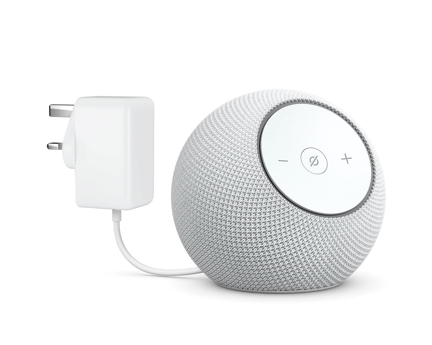 Echo Dot Max in Glacier White beside its white mains power adaptor with UK plug