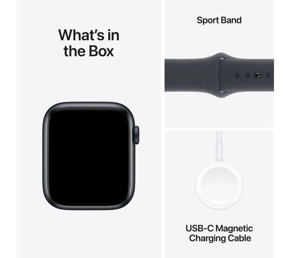 Apple's What's in the Box graphic: an Apple Watch SE, a Sport Band and a USB-C magnetic charging cable