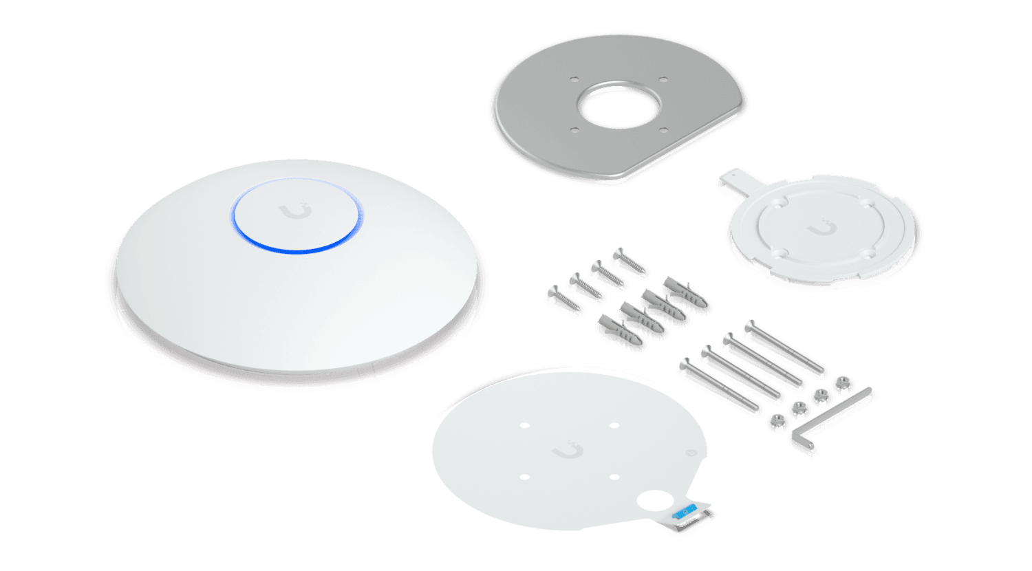 The U7 Long-Range access point laid out with its mounting plates, screws, wall plugs, bolts, nuts and a small bracket