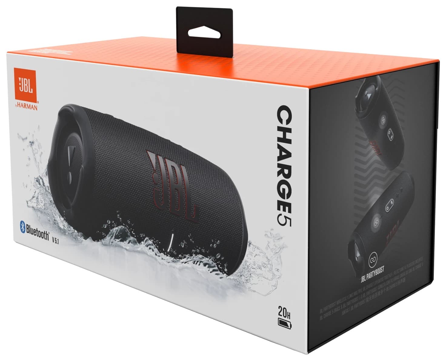 JBL Charge 5 retail box, showing a black Charge 5 on the front