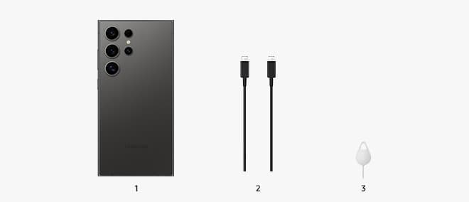 What comes in the box: 1 the Galaxy S24 Ultra, 2 a USB Type-C data cable, 3 an ejection pin