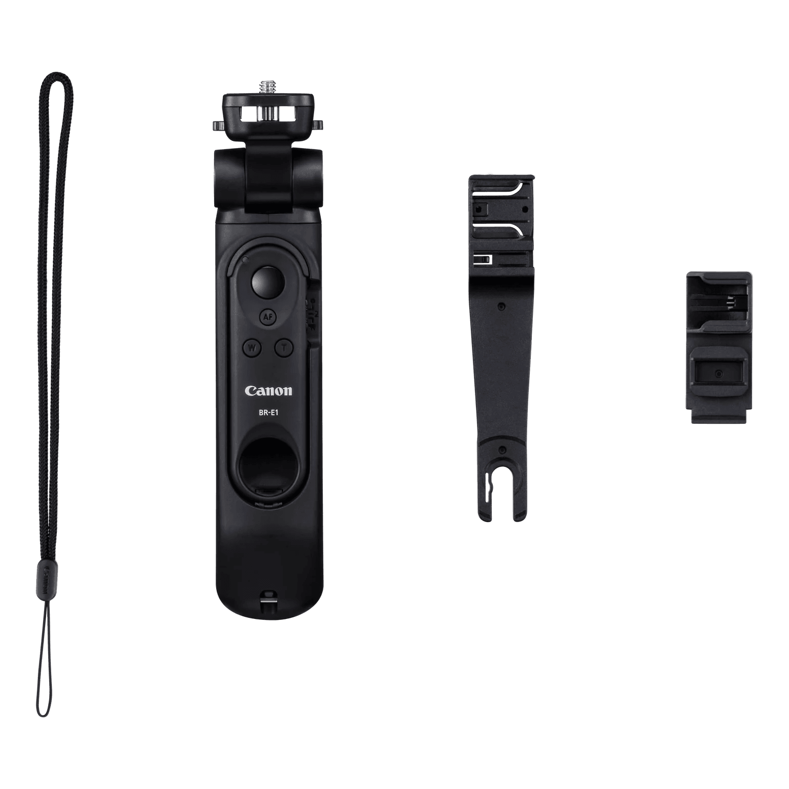 Box contents laid out: wrist strap, the HG-100TBR tripod grip with the BR-E1 remote seated in its handle, microphone attachment L and microphone attachment S