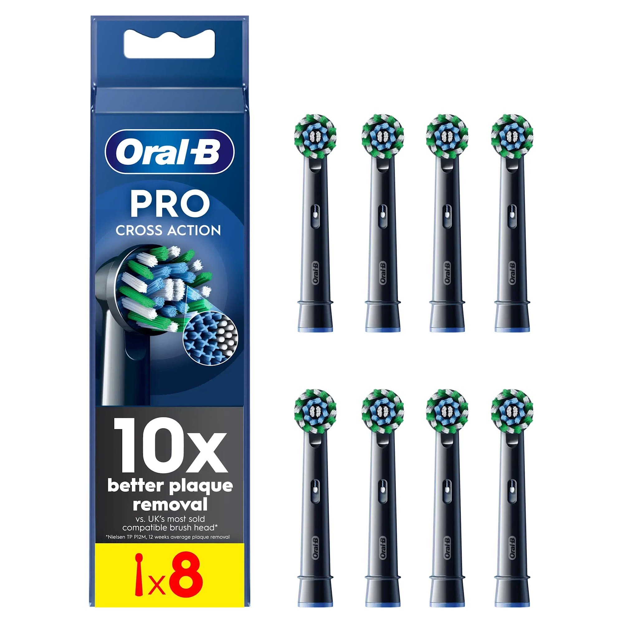 Oral-B Pro CrossAction 8-pack box shown with its eight black brush heads laid out beside it; the white pack holds eight white heads