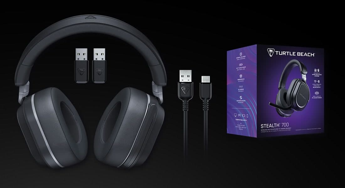 Stealth 700 Gen 3 headset, two CrossPlay USB wireless transmitters, a USB-A to USB-C charging cable and the retail box