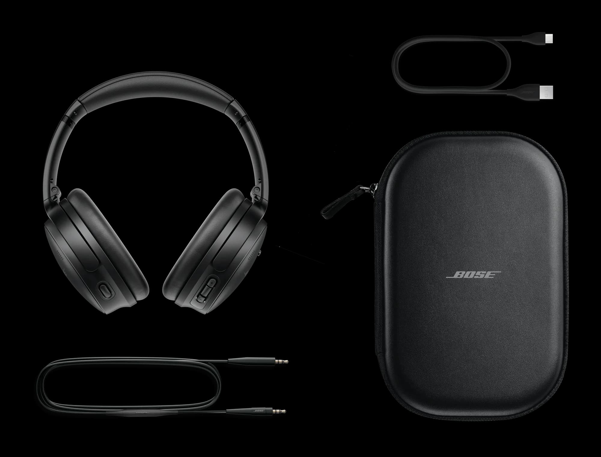 Bose QuietComfort Headphones in Black with the carry case, the USB-C charging cable and the audio cable
