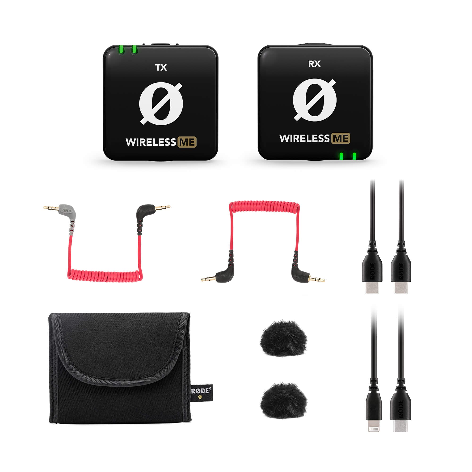 Everything in the RØDE Wireless ME box: the transmitter, the receiver, two coiled 3.5mm cables, two USB cables, two furry windshields and a storage pouch