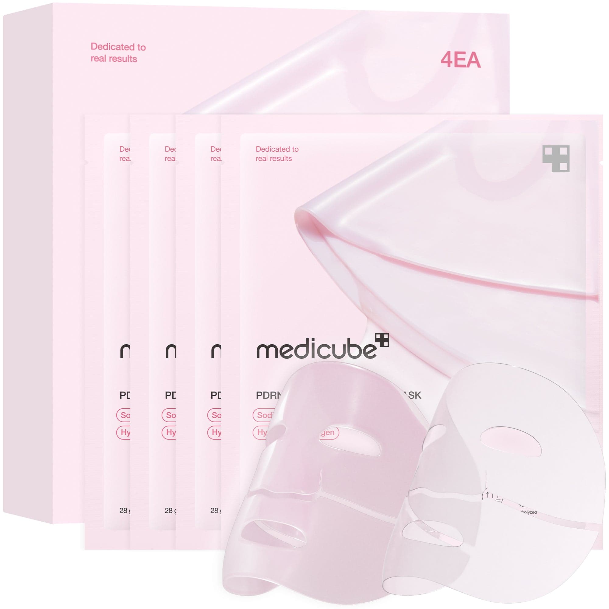 The Medicube PDRN Pink Collagen Gel Mask 4EA box with four sachets and two unfolded gel masks, one pink and one turned clear