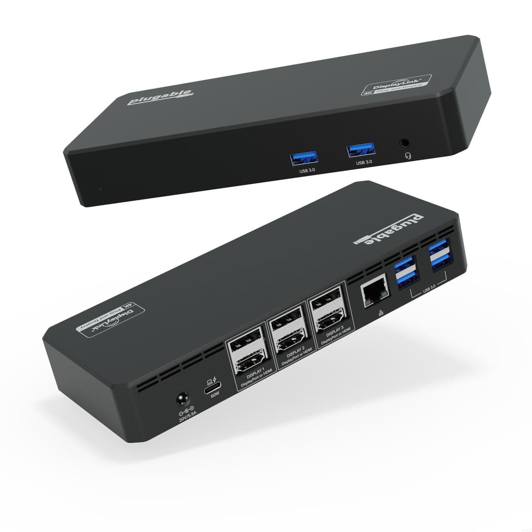Plugable Technologies 12-in-1 USB C Triple Monitor Docking Station, Triple 4K Displays with 3x HDMI or 3x DisplayPort, Compatible with Mac, Windows, Thunderbolt, USB4, USB-C (60W PD, 6x USB Ports, Ethernet) - Image 1