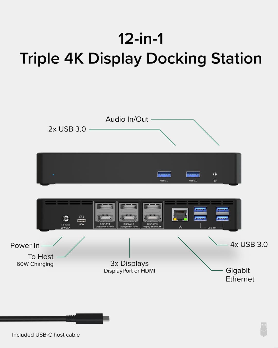 Plugable Technologies 12-in-1 USB C Triple Monitor Docking Station, Triple 4K Displays with 3x HDMI or 3x DisplayPort, Compatible with Mac, Windows, Thunderbolt, USB4, USB-C (60W PD, 6x USB Ports, Ethernet) - Image 2