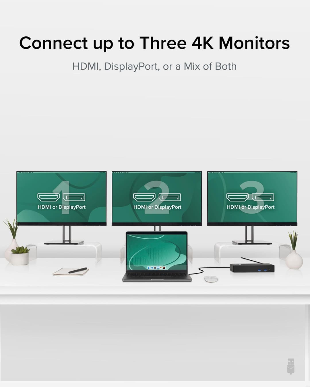 Plugable Technologies 12-in-1 USB C Triple Monitor Docking Station, Triple 4K Displays with 3x HDMI or 3x DisplayPort, Compatible with Mac, Windows, Thunderbolt, USB4, USB-C (60W PD, 6x USB Ports, Ethernet) - Image 3