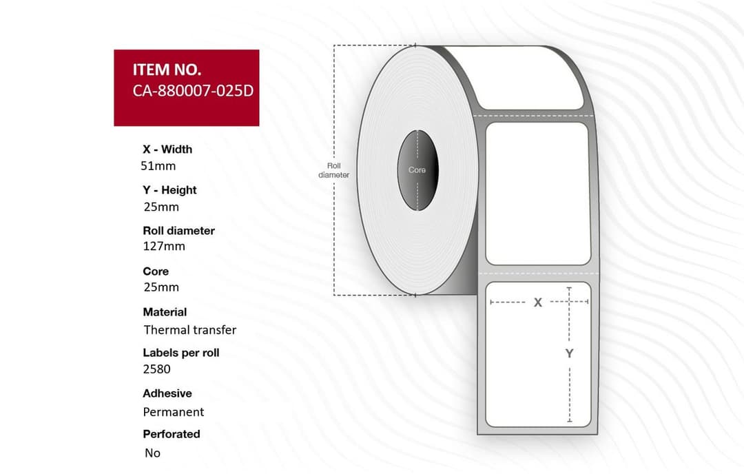 Capture Label 51 x 25mm, Core 25mm, Thermal Transfer, Permanent, No Perforation, 2580 Labels per Roll, 12 Rolls per Box (CA-880007-025D) - Image 1