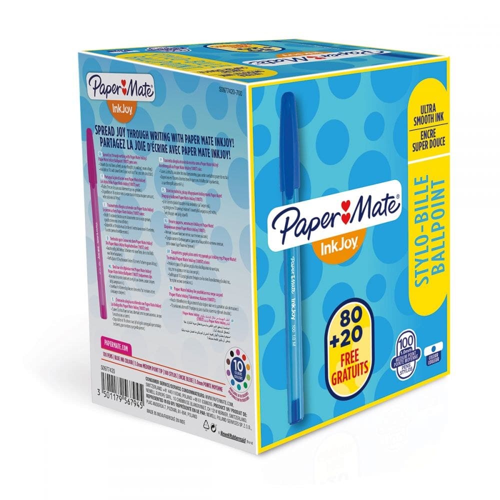 Paper Mate S0977420 InkJoy 100 Capped Ballpoint Pen Medium 1.0mm Tip Blue, Box of 100 - Image 1
