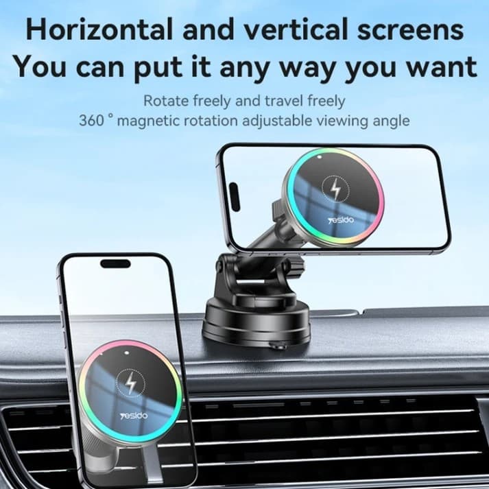 Yesido C315 15W Suction Cup Car Wireless Charging Holder with RGB Lighting - Black - Image 6