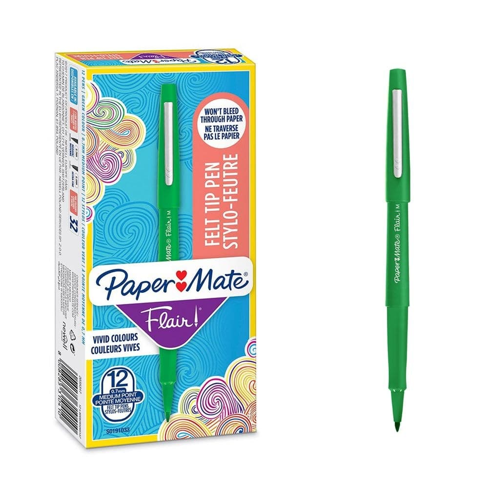 Paper Mate S0191033 Flair Original Felt Tip Pen 0.7 - 1mm Medium Tip Green Ink Box of 12 - Image 1