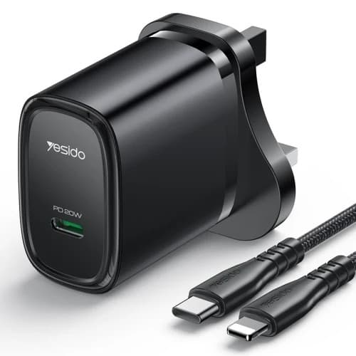 Yesido YC76BL 20W PD USB-C Fast Wall Charger with USB-C to Lightning Cable, UK Plug - Black - Image 1