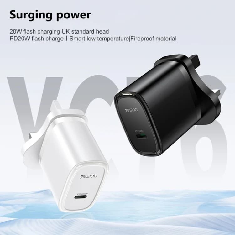 Yesido YC76BL 20W PD USB-C Fast Wall Charger with USB-C to Lightning Cable, UK Plug - Black - Image 2