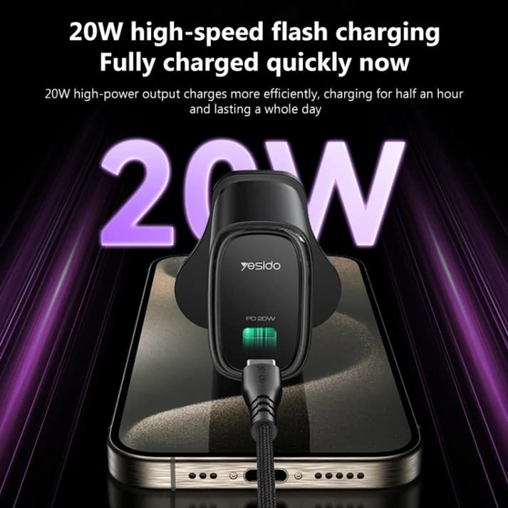 Yesido YC76BL 20W PD USB-C Fast Wall Charger with USB-C to Lightning Cable, UK Plug - Black - Image 6