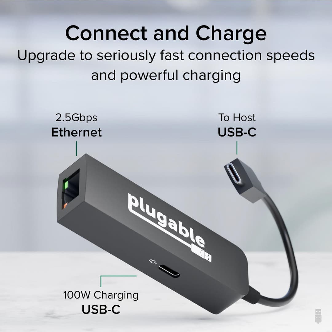 Plugable Technologies USB C to Ethernet Adapter 2.5Gb with 100W USB-C PD Charging, 2.5 Gigabit Type C USB Ethernet Adapter for Windows, MacBook, Chrome, iPad, Surface, XPS, Thunderbolt 4, USB4 (USBC-E2500PD) - Image 2