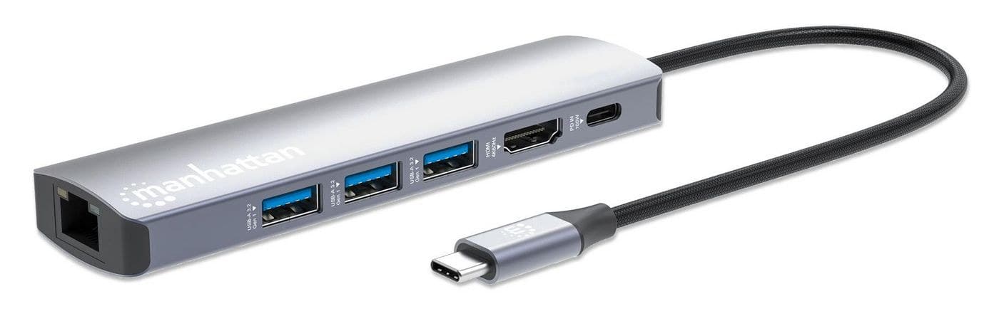 Manhattan 153959 USB-C PD 6-in-1 4K Docking Station / Multiport Hub - HDMI 4K@60Hz, Gigabit Ethernet, 3x USB-A 5Gbps, 100W Power Delivery