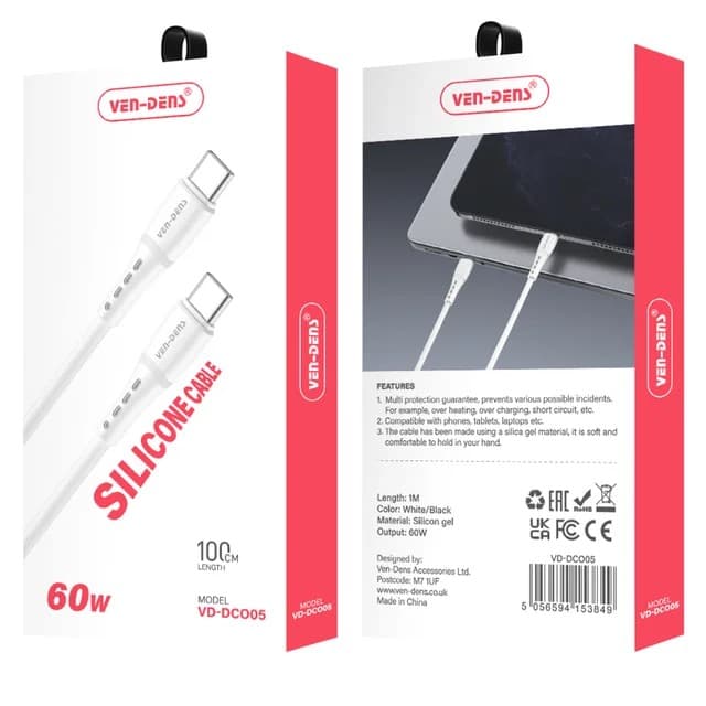 Ven-Dens 60W Silicone USB-C to USB-C Cable Durable & High-Performance VD-DCO05 - White - Image 2