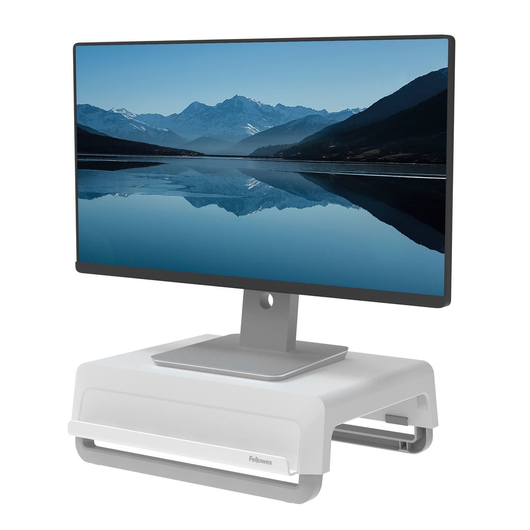 Fellowes Computer Monitor Stand with 3 Height Adjustments - Breyta Monitor Riser with Cable Management - Ergonomic Adjustable Monitor Stand for Computers - Max Weight 15KG - White - Image 1