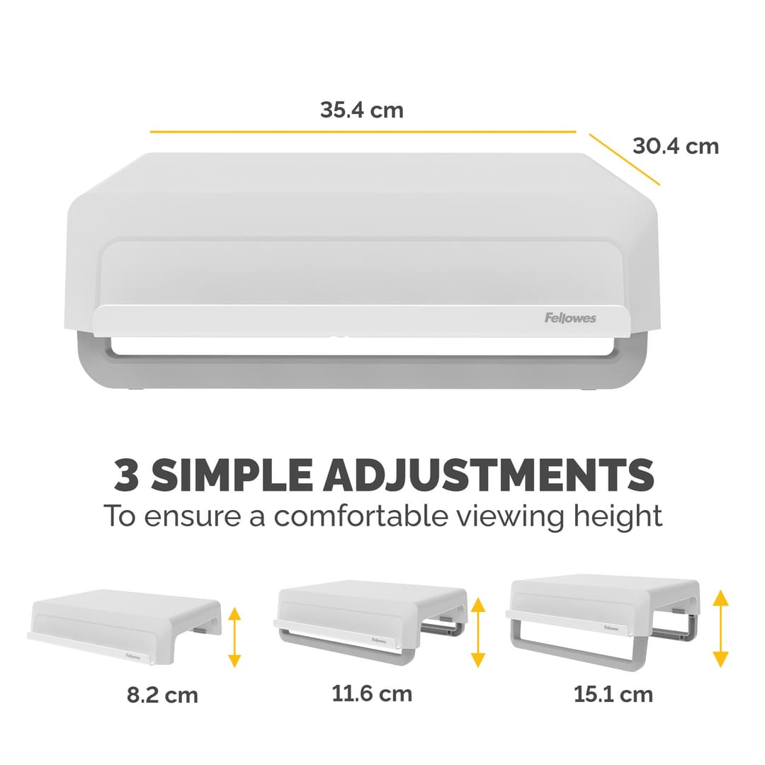 Fellowes Computer Monitor Stand with 3 Height Adjustments - Breyta Monitor Riser with Cable Management - Ergonomic Adjustable Monitor Stand for Computers - Max Weight 15KG - White - Image 4