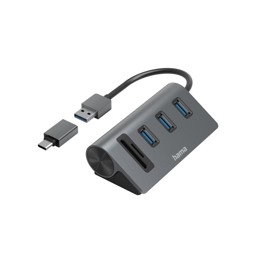 Hama USB 3.2 Gen 1 Hub with Card Reader, 3x USB-A, SD/microSD, with USB-C Adapter - Anthracite/Black - Image 1
