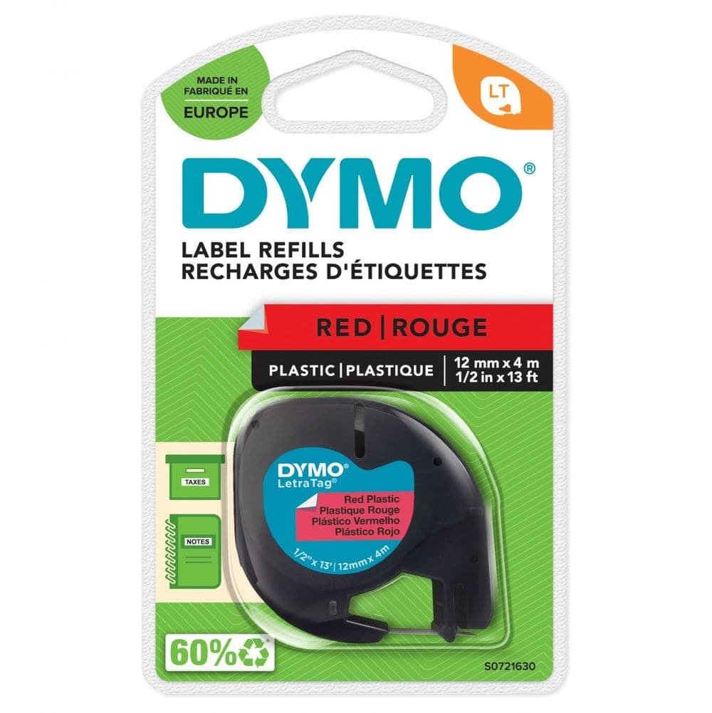 Dymo 91203 12mmx4m Black On Red Plastic Tape - Image 1