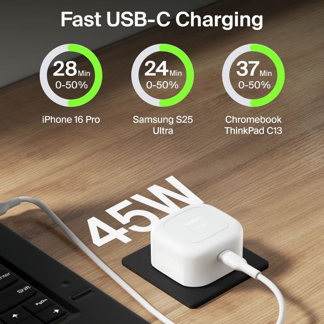 Belkin 45W USB-C Wall Charger Single Port Ultra-Compact PD & PPS Charging Adapter for iPhone & iPad (UK 3-Pin) - White - Image 2