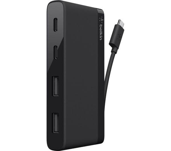 Belkin USB-C 4-Port Mini Hub F4U090btBLK - 2 x USB-C + 2 x USB-A USB 3.0 Ports, Tethered USB-C Cable - Black - Image 1