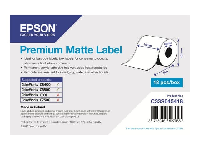 Epson Premium - label continuous paper - matte - 1 roll(s) - Roll (7.6 cm x 35 m) - Image 1