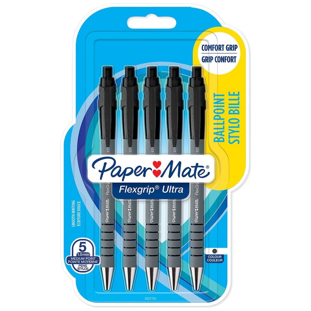 Paper Mate Flex Grip Black Ballpoint Pens - Pack of 5 - Image 1
