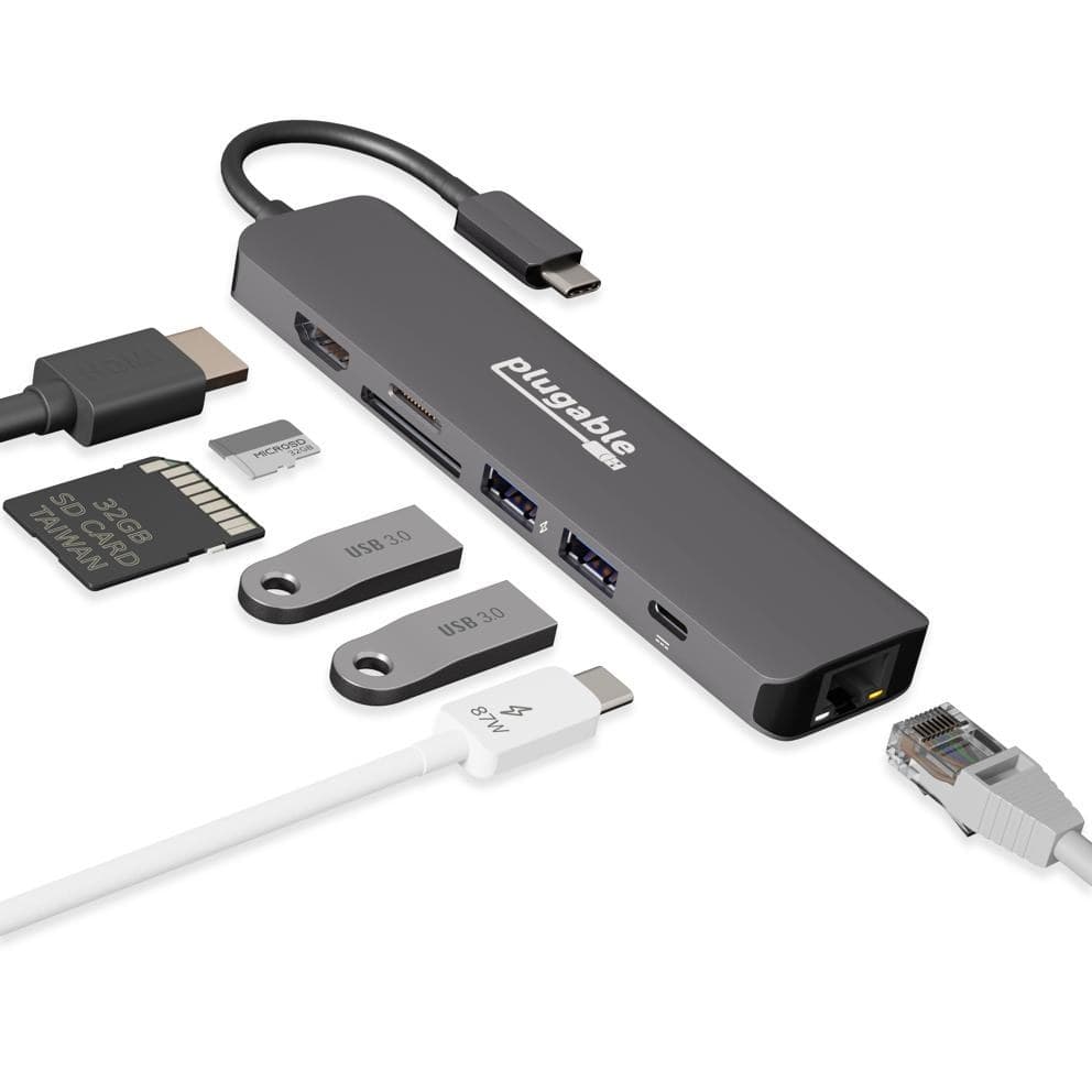 Plugable Technologies 7-in-1 USB C Hub Multiport Adapter with Ethernet Driverless Compatibility with Mac, Windows, iPhone 15, Chromebook, USB4, Thunderbolt, 100W Charging, Ethernet, 4K60Hz HDMI, 2X USB, SD/microSD - Image 1